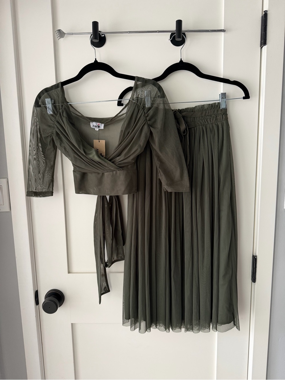 Zack Olive Sheer Wrap Crop Top & Pleated Midi Skirt Set